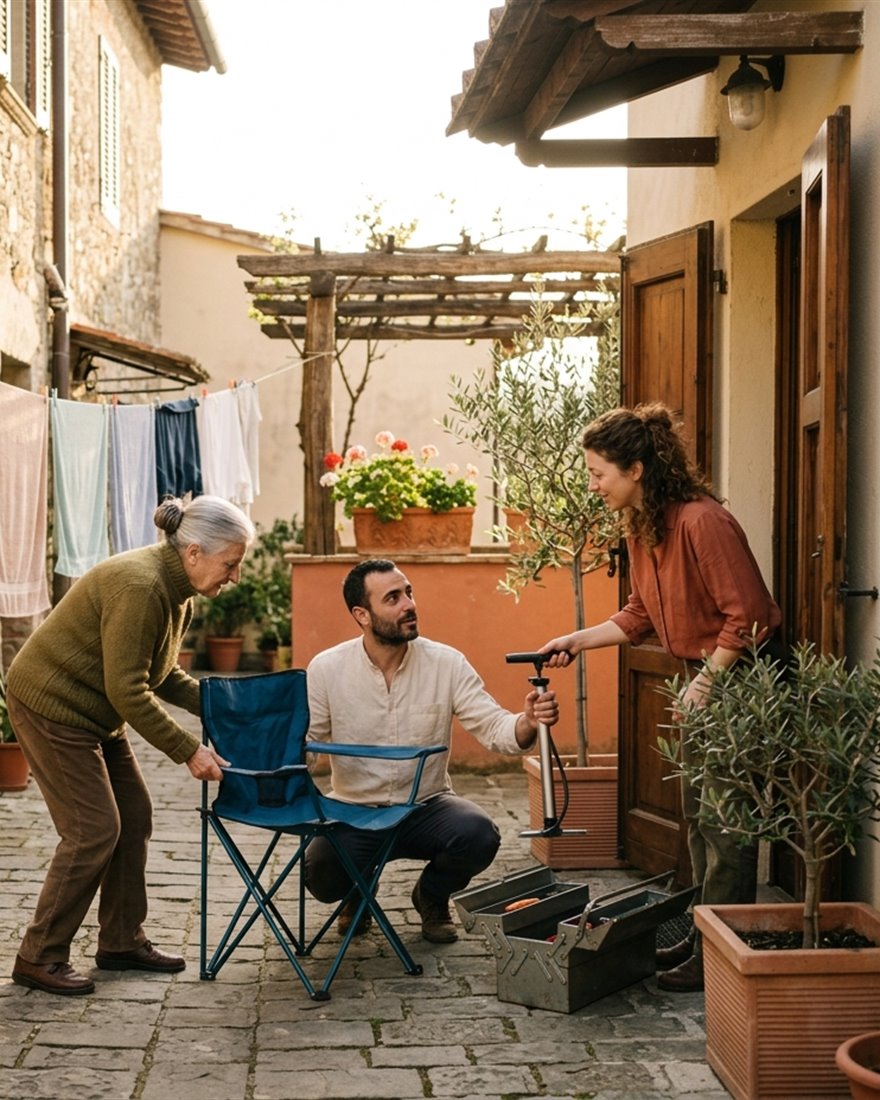 Due vicini si passano una cassetta di attrezzi in cortile
